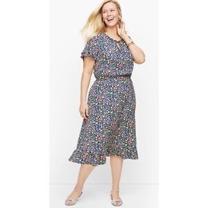 Talbots‎ Blue Ditzy Floral Gathered Neck Midi Dress 16 Flutter Sleeve Office